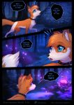  blue_eyes canid canine collar comic dipstick_tail english_text feral forest fox fur hi_res mammal markings orange_body orange_fur outside plant rukifox solo tail tail_markings text tree yui_(rukifox) 