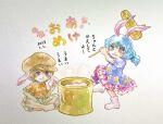  2girls copyright_request hammer highres holding holding_hammer mochitsuki multiple_girls painting_(medium) ringo_(touhou) romaji_text shiroma_(mamiko) touhou traditional_media watercolor_(medium) white_background 