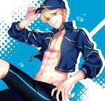  1boy abs ahoge arthur_pendragon_(fate) artoria_pendragon_(fate) baseball_cap black_choker black_male_swimwear blue_eyes blue_headwear blue_jacket choker collarbone cosplay cropped_jacket drop_shadow fate/grand_order fate_(series) grin groin hair_between_eyes hair_through_headwear hat highres jacket male_swimwear mysterious_heroine_xx_(fate) mysterious_heroine_xx_(fate)_(cosplay) navel pectorals seseragi_azuma short_hair sleeves_past_elbows smile toned toned_male water_drop 