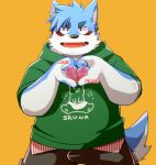  &lt;3 2023 absurd_res anthro black_nose blue_body bottomwear canid canine canis clothing domestic_dog green_bell hi_res hoodie humanoid_hands kemono male mammal pants simple_background solo topwear 