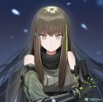  1girl assault_rifle bare_shoulders breasts brown_hair commentary_request expressionless girls&#039;_frontline green_hair gun holding holding_gun holding_weapon long_hair looking_at_viewer m4_carbine m4a1_(girls&#039;_frontline) m4a1_(mod3)_(girls&#039;_frontline) mao_jian_hiko mask medium_breasts multicolored_hair rifle skull_mask solo straight-on streaked_hair upper_body weapon weibo_username yellow_eyes 