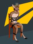  anthro arms_tied ball_gag blue_eyes bound brown_body brown_fur bruised bruised_eye chair chastity_cage chastity_device deer fungi_draws fur furniture gag hi_res hooves horn legs_tied male mammal markings scar simple_background solo spots spotted_markings tired_eyes 