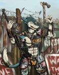  abs anthro armor clothed clothing detailed_background english_text gun hi_res krahs_tsai male post-apocalyptic ranged_weapon scar sergal solo standing text weapon 