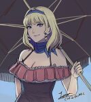  1girl artist_name bare_shoulders black_one-piece_swimsuit blonde_hair blue_choker blue_eyes blue_hairband blue_sky breasts choker cleavage cm_lynarc commentary constance_von_nuvelle day drill_hair drill_locks earrings fire_emblem fire_emblem:_three_houses fire_emblem_warriors:_three_hopes hairband holding holding_umbrella jewelry looking_at_viewer medium_hair off-shoulder_one-piece_swimsuit off_shoulder one-piece_swimsuit purple_lips signature sky smile solo swimsuit umbrella upper_body 