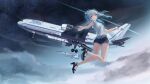  1girl absurdres aircraft airplane blue_eyes bow cloud cloudy_sky fighter_jet hair_between_eyes hair_bow high_heels highres indie_virtual_youtuber jet looking_at_viewer midair military_vehicle night open_mouth outdoors png_pant_(bus) shooting_star short_shorts shorts sky sleeveless solo star_(sky) starry_sky twintails usui_clear virtual_youtuber white_hair 