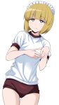  1girl blonde_hair blunt_bangs blush bob_cut bright_pupils buruma closed_mouth commentary cowboy_shot cutlass_(girls_und_panzer) frown girls_und_panzer gym_shirt gym_uniform highres looking_at_viewer maid_headdress own_hands_together ponzu_rui red_buruma shirt short_hair short_sleeves simple_background solo standing t-shirt thigh_gap white_background white_pupils white_shirt yellow_eyes 