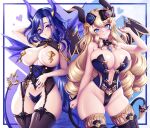  2girls blonde_hair blue_eyes blush breasts clorinde_(genshin_impact) corset curvy drill_hair genshin_impact hair_ornament highres horns huge_breasts large_breasts leotard long_hair looking_at_viewer multiple_girls nail_polish navel navia_(genshin_impact) purple_eyes purple_hair sevie tail thick_thighs thighhighs thighs wide_hips wings 