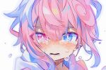  1boy blue_eyes blush bright_pupils cowlick crying crying_with_eyes_open d: dashed_eyes dot_nose eyes_visible_through_hair hair_between_eyes heterochromia highres hood hood_down hoodie looking_at_viewer lower_teeth_only open_mouth original pink_eyes pink_hair portrait raito-kun_(uenomigi) short_hair sidelocks simple_background tears teeth uenomigi v-shaped_eyebrows wavy_mouth white_background white_hoodie white_pupils 