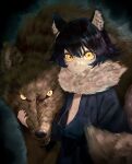  1boy animal animal_ear_fluff animal_ears aura black_hair black_kimono black_nails borrowed_character bow fingernails frown fur_scarf hand_up highres japanese_clothes kimono kunitarou-art long_fingernails long_sleeves looking_at_viewer male_focus obi original pelt sash serious short_hair upper_body wolf wolf_boy wolf_ears yellow_eyes 