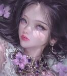  1girl black_hair bm94199 commentary earrings english_commentary flower gem grey_eyes hair_flower hair_ornament highres jewelry lips looking_at_viewer medium_hair mole mole_under_eye necklace original parted_lips pink_lips portrait purple_flower purple_gemstone solo teeth 