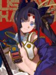  1girl black_hair blue_eyes breast_curtains breasts character_name detached_sleeves fate/grand_order fate_(series) flprayer hat highres katana long_hair medium_breasts red_background side_ponytail sword ushiwakamaru_(fate) weapon 
