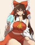  1girl absurdres against_wall ascot bare_shoulders blush bow breasts bright_pupils brown_eyes brown_hair collarbone commentary_request detached_sleeves drop_shadow frilled_bow frilled_hair_tubes frills grey_background hair_between_eyes hair_bow hair_tubes hakurei_reimu hand_fan highres holding holding_fan hot large_breasts leaning_to_the_side long_hair long_sleeves looking_at_viewer midriff moriforest1040 navel open_mouth red_bow red_skirt red_vest simple_background sitting sketch skirt skirt_set solo thick_thighs thighs touhou very_long_hair vest white_pupils yellow_ascot 