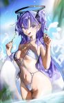  1girl absurdres blue_archive blue_eyes blush breasts day fangs food hair_between_eyes halo highres holding holding_innertube innertube long_hair looking_at_viewer melting o-ring o-ring_swimsuit open_mouth outdoors popsicle purple_hair renn_01 seashell shell solo swimsuit two_side_up very_long_hair water wet yuuka_(blue_archive) 