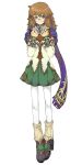  1girl atelier_(series) book brown_eyes brown_hair chloe_hartog full_body glasses green_skirt highres holding holding_book long_hair looking_at_viewer mana_khemia_(series) mana_khemia_2 open_book purple_scarf scarf simple_background skirt solo thighhighs 