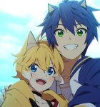  2boys animal_ears bangs banri_0917 blonde_hair blue_eyes blue_hair blue_jacket blush commentary_request fox_boy fox_ears green_eyes grin hair_between_eyes hand_on_another&#039;s_shoulder humanization jacket korean_commentary looking_at_viewer male_focus multiple_boys open_mouth short_hair smile sonic_(series) sonic_the_hedgehog tails_(sonic) upper_body 