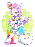  1girl cake_hair_ornament commentary_request cure_parfait dress earrings food-themed_hair_ornament fuwa_(precure) gloves green_eyes hair_ornament hairband hoppetoonaka3 jewelry kirahoshi_ciel kirakira_precure_a_la_mode long_hair magical_girl open_mouth pink_hair precure simple_background smile star_twinkle_precure tail white_gloves wide_ponytail 