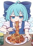  1girl absurdres ahoge blue_bow blue_dress blue_eyes blue_hair blue_nails blush bow cirno closed_mouth collared_shirt detached_wings dress eating fairy fingernails food food_on_face fork hair_bow highres holding holding_fork ice ice_wings kame_(kamepan44231) meatball nail_polish pasta pinafore_dress plate puffy_short_sleeves puffy_sleeves shirt short_hair short_sleeves sitting solo spaghetti spaghetti_and_meatballs touhou white_shirt wings 