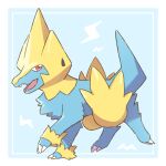  absurdres animal_focus blue_background border claws commentary_request fangs from_side full_body highres lightning_bolt_symbol looking_at_viewer manectric neko_gyoza no_humans open_mouth partial_commentary pokemon pokemon_(creature) red_eyes simple_background solo standing walking white_border 