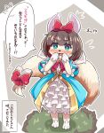  accessory anthro blue_clothing blue_dress blue_eyes blush breasts brown_hair canid canine clothing dress eyebrow_through_hair eyebrows female fox fur furgonomics hair hair_accessory hair_ribbon hand_to_face hi_res japanese_text looking_at_viewer mammal open_mouth outline pupils red_ribbon regain_illust ribbons short_hair snow_white snow_white_and_the_seven_dwarfs solo standing tail tail_accessory tail_ribbon text translation_request translucent translucent_hair white_body white_fur white_outline white_pupils 