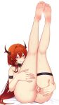  1girl :p absurdres arknights armlet ass ateoyh bare_shoulders barefoot breasts censored closed_mouth cum cum_on_body cum_on_feet demon_horns feet hair_between_eyes highres horns large_breasts legs legs_up long_hair looking_at_viewer naughty_face nude purple_eyes pussy red_hair smile soles solo spread_pussy surtr_(arknights) thigh_strap thighs toes tongue tongue_out very_long_hair white_background 