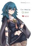  1girl black_shirt black_shorts blue_eyes blue_hair blush breasts byleth_(female)_(fire_emblem) byleth_(fire_emblem) chascoby clothing_cutout commentary cowboy_shot fire_emblem fire_emblem:_three_houses hair_between_eyes highres long_hair medium_breasts navel navel_cutout shirt short_shorts shorts simple_background solo standing white_background 