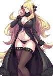  1girl black_coat black_panties blonde_hair breasts brown_thighhighs clash_kuro_neko cleavage coat commentary_request cynthia_(pokemon) fur-trimmed_sleeves fur_collar fur_trim grey_eyes hair_ornament hair_over_one_eye hand_up highres holding holding_poke_ball large_breasts long_hair navel open_mouth panties poke_ball poke_ball_(basic) pokemon pokemon_(game) pokemon_dppt solo stomach thighhighs underwear very_long_hair wide_hips 