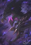  black_background black_wings claws dragon dragon_horns gore_magala gradient_background highres horns monster_hunter_(series) monster_hunter_4 no_humans purple_horns satoyuki sharp_teeth signature spiked_tail tail teeth wings 
