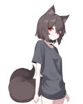  1girl absurdres animal_ear_fluff black_shirt brown_hair ellu fang fang_out highres looking_at_viewer no_pants original red_eyes shirt short_hair short_sleeves simple_background smile tail white_background 