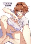  1girl breasts brown_hair clothes_lift dated fang highres large_breasts looking_at_viewer mibry_(phrysm) navel original panties selfie shirt shirt_lift short_sleeves simple_background solo spread_legs tongue tongue_out underwear white_background white_panties white_shirt 