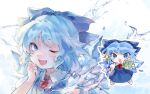  1girl :d ;d blue_bow blue_dress blue_eyes blue_hair bow cirno collared_shirt detached_wings dress frozen_frog hair_bow highres ice ice_wings kozumi_(tokuni_naitteba) looking_at_viewer multiple_views one_eye_closed open_mouth shirt short_hair short_sleeves smile star_(symbol) touhou white_shirt wings 