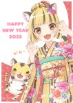  1girl 2022 :3 animal animal_ears black_hair blonde_hair blunt_bangs blunt_ends blush brown_eyes chinese_zodiac claw_pose fangs flower furisode hair_bun hair_flower hair_ornament hands_up happy_new_year highres ibuki_ena japanese_clothes kimono long_sleeves looking_at_viewer multicolored_hair nail_polish new_year obi open_mouth original sash smile solo streaked_hair tiger tiger_ears tiger_girl wide_sleeves year_of_the_tiger 