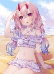  1girl :o arm_at_side bare_shoulders beach bikini bikini_skirt blue_hair blurry blurry_background blush breasts broken_horn cloud cloudy_sky collarbone cowboy_shot day expressionless eyelashes frilled_bikini frills gradient_hair hair_between_eyes hanasaki_ayame_(artist) hand_on_own_head hand_up head_tilt highres horns indie_virtual_youtuber kanehira_ame light_blue_hair long_hair miniskirt multi-strapped_bikini multicolored_hair navel off-shoulder_bikini off_shoulder open_mouth outdoors pink_hair red_eyes red_horns sand scrunchie side-tie_bikini_bottom sitting skirt sky small_breasts solo swimsuit twintails virtual_youtuber wavy_hair white_bikini white_scrunchie 