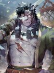  abs bara black_hair cuffs furry furry_male highres looking_at_viewer male_focus multiple_scars orange_eyes pectorals ponzu_tas scar scar_across_eye scar_on_chest scar_on_face sdorica signature solo striped tiger_boy yao_(sdorica) 