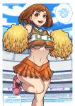  1girl :d boku_no_hero_academia breasts brown_eyes brown_hair cheerleader cloud crop_top day english_text holding holding_pom_poms leg_up looking_at_viewer medium_breasts medium_hair midriff navel open_mouth orange_shirt orange_skirt outdoors pom_pom_(cheerleading) redjet shirt skirt smile solo speech_bubble stadium standing standing_on_one_leg u.a._cheerleader_uniform underboob uraraka_ochako 