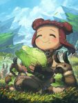  1girl absurdres animal cabbage cliff closed_eyes eating enne_(porforever) fantasy fingerless_gloves gloves grasslands highres horns indian_style original porforever red_hair short_twintails sitting twintails wind wind_lift 