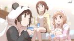  3girls :d aikawa_chiho animal_costume animal_ears animal_hood breasts brown_eyes brown_hair camisole cleavage closed_mouth commentary_request cup disposable_cup drinking_straw fake_animal_ears feet_out_of_frame hair_ribbon hairband hasegawa_fumi holding holding_cup hood hood_down hooded_jacket indoors jacket knees_up long_sleeves lying medium_breasts multiple_girls okano_kei on_stomach open_clothes open_jacket panda_costume panda_ears panda_hood parted_bangs pink_hairband pink_ribbon ponytail ribbon sidelocks signature sitting sleeves_past_wrists smile striped striped_jacket swept_bangs umiroku v-shaped_eyebrows white_camisole yellow_jacket yuyushiki 