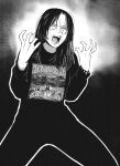  1girl band_shirt bracelet da_devil&#039;s_playground english_text greyscale highres jewelry koopsta_knicca looking_at_viewer merchandise monochrome open_hands open_mouth original pants pentagram real_life sweatpants three_6_mafia wide-eyed yblndr 