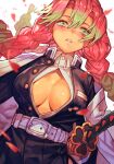  1girl belt black_jacket black_skirt blush breasts cleavage cowboy_shot dutch_angle gakuran green_eyes green_hair hair_between_eyes haori hungry_clicker jacket japanese_clothes kanroji_mitsuri katana kimetsu_no_yaiba large_breasts lips long_hair looking_at_viewer mole mole_under_eye multicolored_hair no_bra open_clothes open_jacket parted_lips partially_unbuttoned petals pink_hair pleated_skirt school_uniform simple_background skirt solo sword tri_braids two-tone_hair weapon white_background white_belt wing_collar 