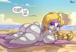  anthro beach big_breasts big_butt biped blonde_hair breasts broodal buckteeth butt female hair hariet_(mario) hi_res huge_butt joaoppereiraus lagomorph leporid looking_at_viewer looking_back looking_back_at_viewer lying mammal mario_bros nintendo on_front rabbit seaside super_mario_odyssey teeth three-quarter_view 