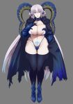  absurdres breasts cosplay curled_horns fate/grand_order fate/grand_order_arcade fate_(series) green_horns grey_background hair_on_horn highres horns isabelle_romee_(fate) large_breasts large_horns larva_tiamat_(fate) larva_tiamat_(fate)_(cosplay) looking_at_viewer pointy_ears pubic_tattoo tanabe_(studio_tiamat) tattoo tiamat_(fate) white_hair 