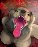  2021 absurd_res anthro artist_name bird_dog black_lips black_nose blue_eyes bodily_fluids breasts breath canid canine canis colored colorful colorful_background detailed_background digital_drawing_(artwork) digital_media_(artwork) domestic_dog fangs featureless_breasts female first_person_view fur glistening glistening_tongue golden_retriever hi_res high-angle_view hunting_dog imminent_vore lips looking_at_viewer macro mammal micro mouth_shot neck_tuft nude nude_anthro open_mouth pink_tongue reflection_in_eyes retriever saliva saliva_on_tongue saliva_string shaded smile smiling_at_viewer solo story story_in_description taylornoir teeth throat tongue tongue_out tuft uvula vore yellow_body yellow_fur 