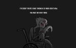  anthro avian bird blitzo_(helluva_boss) bodily_fluids crying dialogue duo frown grey_background hair helluva_boss hi_res horn imp looking_down male owl owl_demon red_eyes sad short_hair simple_background sitting stolas_(helluva_boss) tears teathekook text wheelchair white_text 