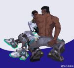  2boys ass back bamashengze baptiste_(overwatch) bara black_hair buzz_cut couple dark-skinned_male dark_skin eye_contact from_behind hand_on_another&#039;s_face hand_on_another&#039;s_waist hand_on_own_ass kneeling looking_at_another lucio_(overwatch) male_focus multiple_boys muscular muscular_male overwatch short_hair sitting thick_eyebrows topless_male veins veiny_arms very_short_hair yaoi 