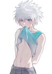  1boy aqua_tank_top arms_behind_back blue_eyes blush clothes_lift grey_shorts hair_between_eyes highres kiko killua_zoldyck lifted_by_self looking_at_viewer male_focus monster_hunter_(series) mouth_hold shirt_lift shorts simple_background solo spiked_hair stomach sweat tank_top white_background white_hair 