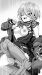  1boy 1girl ;d blush boots bow bow_earrings breasts clothes_pull collared_dress cross-laced_footwear dress earrings glasses greyscale hetero high_heel_boots high_heels hololive hoshimachi_suisei hoshimachi_suisei_(3rd_costume) jacket jewelry lace lace-up_boots lace_sleeves leg_grab long_sleeves monochrome mp150_plus nipples no_bra official_alternate_costume official_alternate_hair_length official_alternate_hairstyle one_eye_closed open_clothes open_dress open_jacket open_mouth paid_reward_available pantyhose pantyhose_pull quilted_jacket sex short_dress short_hair short_sleeves small_breasts smile solo_focus squatting_cowgirl_position star_(symbol) star_in_eye symbol_in_eye vaginal virtual_youtuber 