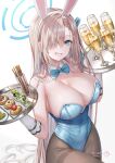  1girl animal_ears asuna_(blue_archive) asuna_(bunny)_(blue_archive) bare_shoulders blonde_hair blue_archive blue_eyes blue_leotard bow bowtie breasts champagne_flute cleavage cookie cup detached_collar drinking_glass fake_animal_ears food grin hair_over_one_eye hair_ribbon hairband halo hands_up holding large_breasts leotard long_hair looking_at_viewer mole mole_on_breast natsume_koji official_alternate_costume playboy_bunny pocky rabbit_ears ribbon smile solo strapless strapless_leotard tray very_long_hair white_hairband 