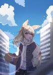  1girl absurdres ahoge akashi_(4kc_27) alternate_costume alternate_hairstyle animal_ear_fluff animal_ears black_pants black_vest blonde_hair blue_sky building chewing_gum city cloud commentary cowboy_shot day film_grain fox_ears fox_girl fox_tail hand_in_pocket heart heart-shaped_pupils highres holding holding_skateboard hololive hood hood_down hoodie layered_clothes lens_flare light_particles long_sleeves looking_at_viewer medium_hair multicolored_hair omaru_polka open_clothes open_vest outdoors pants pink_hair purple_eyes shade sidelocks skateboard sky solo standing streaked_hair sunlight symbol-shaped_pupils tail vest virtual_youtuber white_hoodie zain_(omaru_polka) 