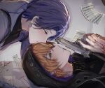 2boys aoyagi_touya at_gunpoint bad_gun_anatomy black_jacket black_shirt blonde_hair blood blood_on_ground blood_on_hands blue_hair buttons closed_mouth commentary dark_blue_hair ear_piercing finger_on_trigger grey_background grey_eyes grey_jacket gun handgun highres holding holding_gun holding_weapon hood hood_up hooded_jacket jacket juicelooped light_blue_hair long_bangs looking_down looking_up lying male_focus multicolored_clothes multicolored_hair multicolored_jacket multiple_boys musical_note on_floor on_side open_clothes open_jacket orange_hair paper parted_hair parted_lips piercing project_sekai purple_jacket rotational_symmetry sheet_music shinonome_akito shirt short_hair split-color_hair streaked_hair symbol-only_commentary two-sided_fabric two-sided_jacket two-tone_jacket upper_body weapon 