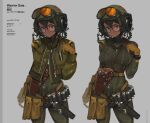  1girl absurdres battletech belt blair_parker_(wibber_rose) blue_eyes brown_hair commission dark_skin empty_eyes english_text eyelashes gloves gun hair_between_eyes hand_on_own_chest handgun headset helmet highres jacket looking_at_viewer m1911 military military_uniform pilot_suit polilla pouch reference_sheet simple_background smile turtleneck uniform weapon wire zipper 