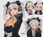  2girls animal black_gloves blush_stickers cat chesed_(uporyz) chibi commentary drill_hair girls&#039;_frontline gloves green_necktie grey_background grey_hair hair_between_eyes hairband headset highres holding holding_animal holding_cat jacket looking_at_viewer multiple_girls multiple_views necktie open_mouth orange_cat pp-19_(girls&#039;_frontline) red_eyes simple_background smile translation_request upper_body vector_(girls&#039;_frontline) 